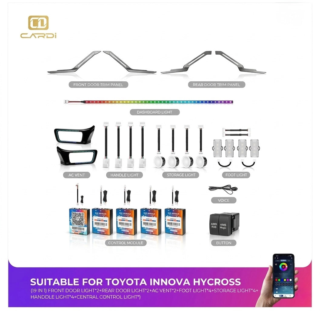 CARDI K4 OEM Ambient Light Kit for Toyota Innova Hycross (2023 Onwards) – 17-Piece Smart Interior RGB LED Lighting Set