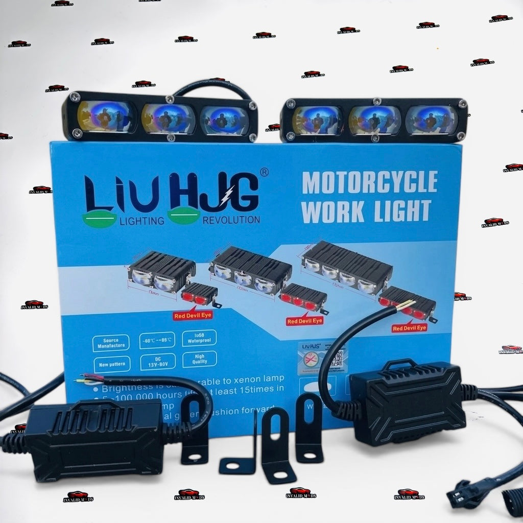 HJG Waymaker V4 Dual-Color 3-LED Headlight with Red Devil Eye – High-Performance Motorcycle Auxiliary Light