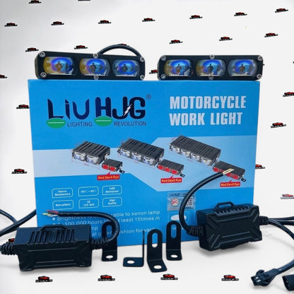 HJG Waymaker V4 Dual-Color 3-LED Headlight with Red Devil Eye – High-Performance Motorcycle Auxiliary Light
