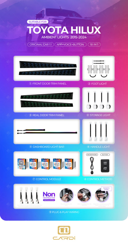 Toyota Hilux Ambient Lighting Kit | Cardi 18-in-1 RGB Interior Lights | App, Touch & Voice Control