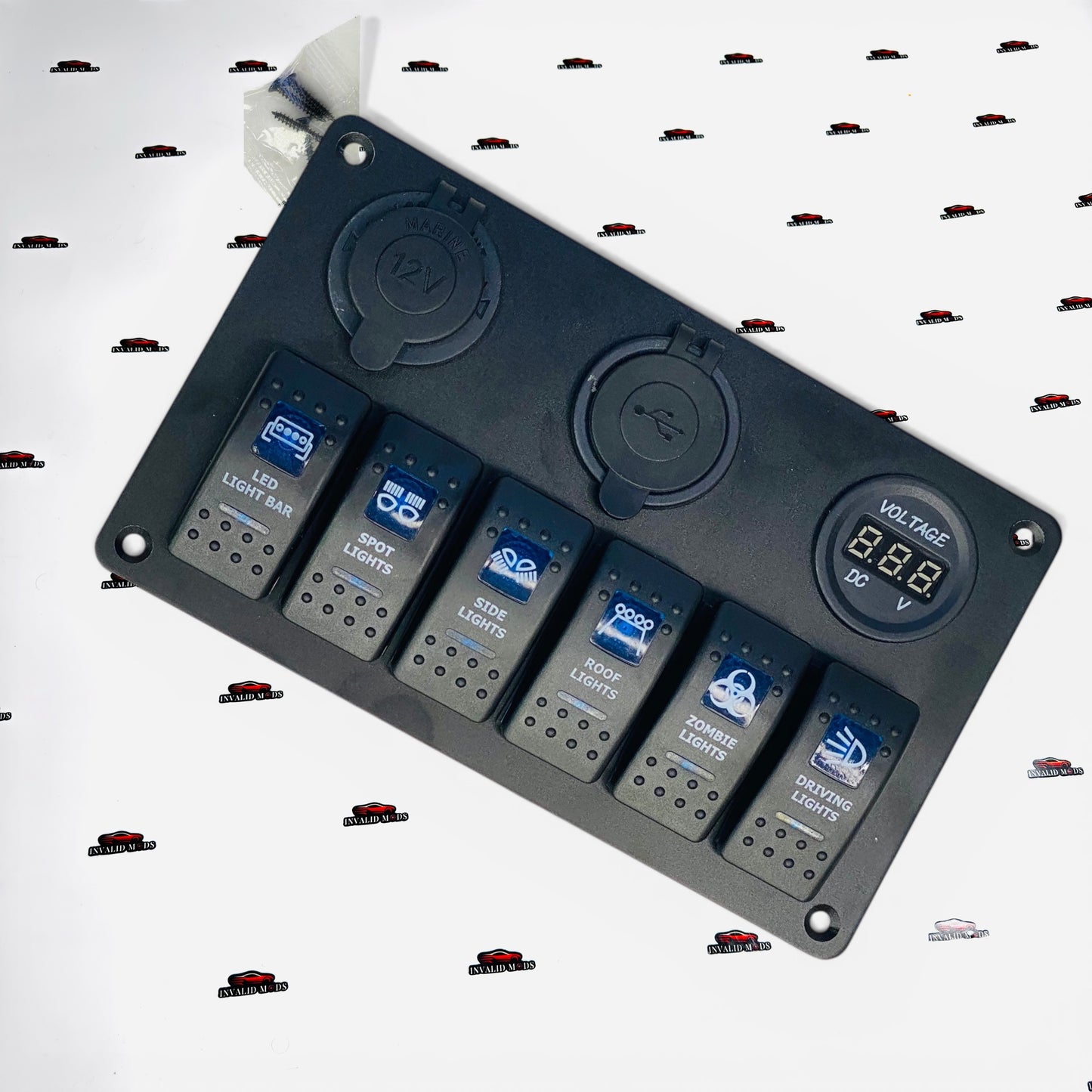 6 Gang Switch Panel with USB Charger, Cigarette Lighter Socket & Voltmeter | 12V/24V Universal Car Switch Panel