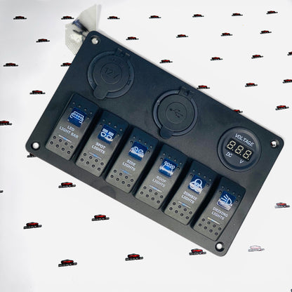 6 Gang Switch Panel with USB Charger, Cigarette Lighter Socket & Voltmeter | 12V/24V Universal Car Switch Panel