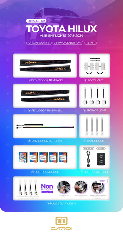 Toyota Hilux Ambient Lighting Kit | Cardi 18-in-1 RGB Interior Lights | App, Touch & Voice Control