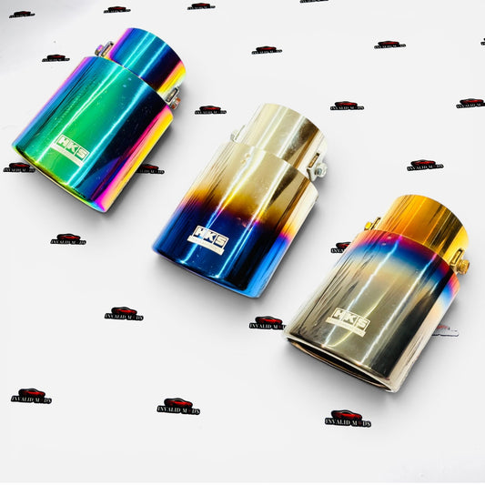 HKS Single Exhaust Tip | Universal Stainless Steel Performance Exhaust Tip | Burnt, Neo Chrome & Rainbow Finish
