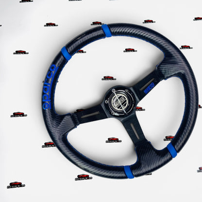 Sparco Carbon Fiber Style Racing Steering Wheel with Blue Stitching | Universal Performance Upgrade