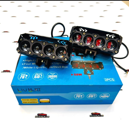 HJG 4 Lens Auxiliary LED Fog Lights 120W (Red Devil) | High Power Mega Drive Driving Lamps for Cars & Bikes