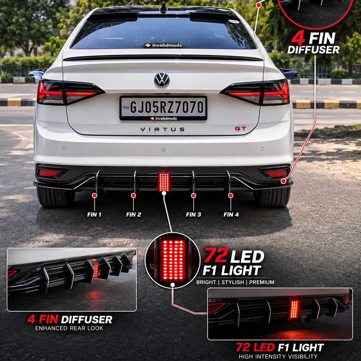 VW Virtus & Skoda Slavia 4 Fin Rear Diffuser | ABS Gloss Black