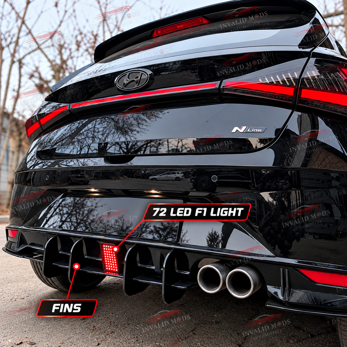 Hyundai i20 N-Line Glossy Black Rear Diffuser | Sporty 4-Fin Bumper Lip Kit