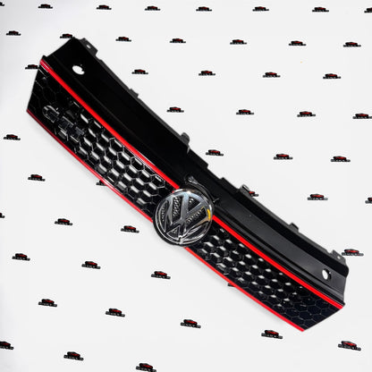 VW Polo GTI Front Grille | Gloss Black with Dual Red Accent Lines | Aftermarket Bumper Grille