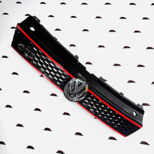 VW Polo GTI Front Grille | Gloss Black with Dual Red Accent Lines | Aftermarket Bumper Grille