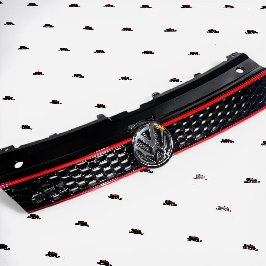 VW Polo GTI Front Grille | Gloss Black with Dual Red Accent Lines | Aftermarket Bumper Grille