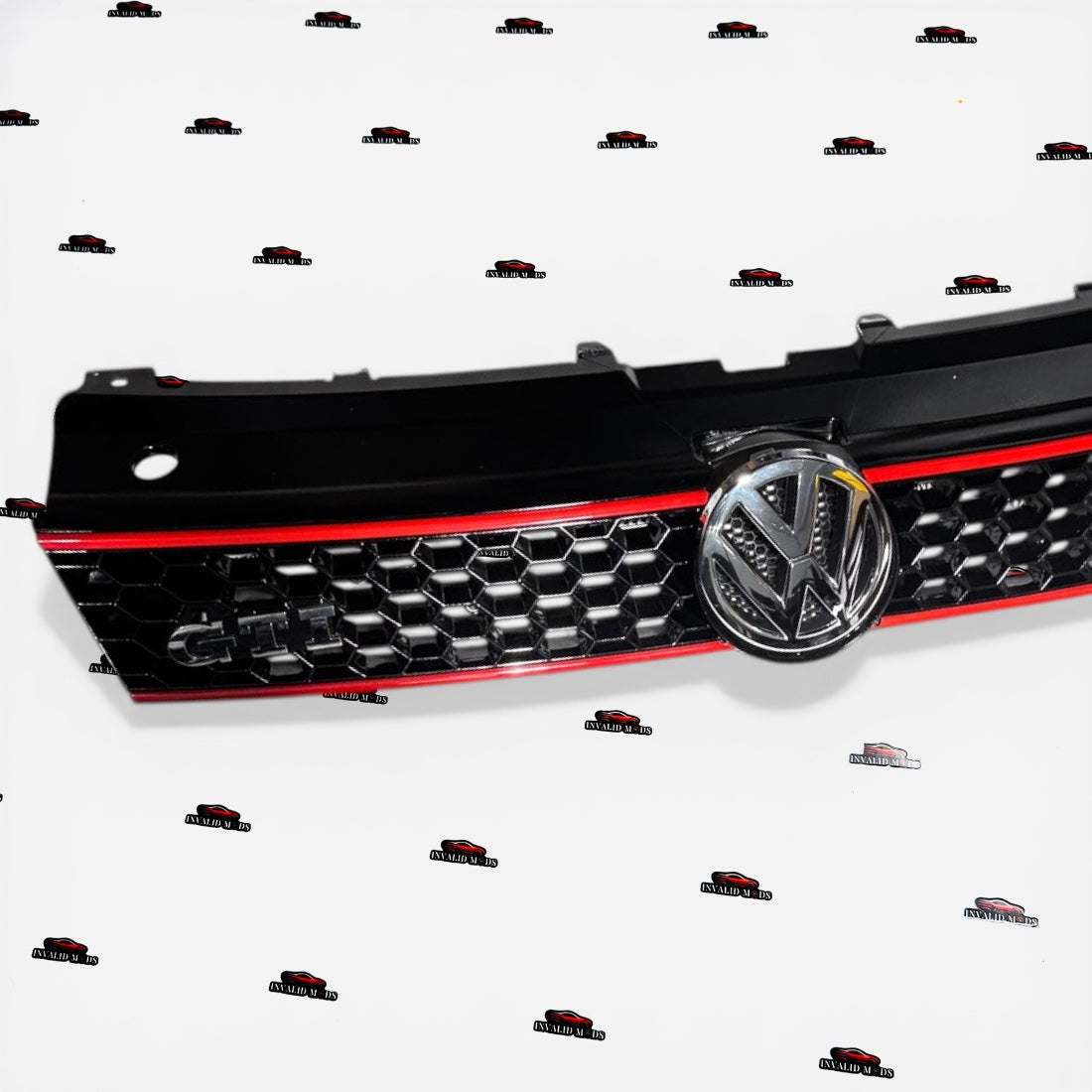 VW Polo GTI Front Grille | Gloss Black with Dual Red Accent Lines | Aftermarket Bumper Grille